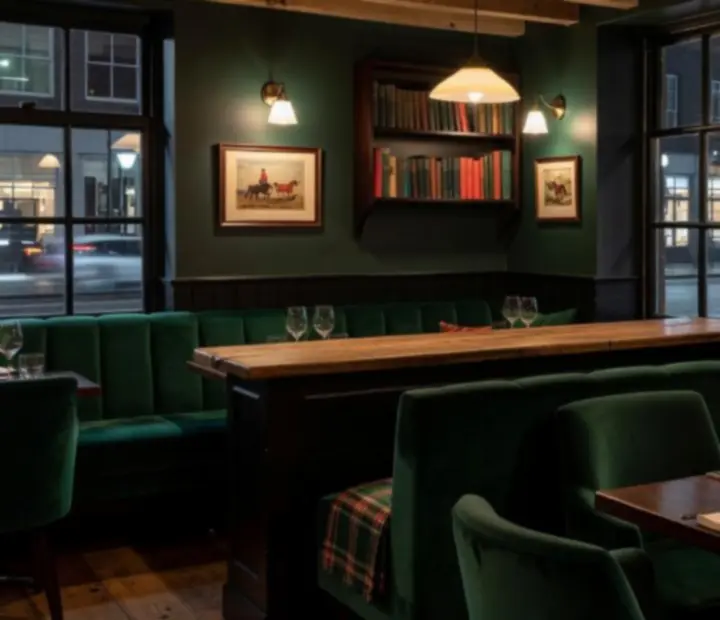 Nastrojowe wnętrze bistro Strefanovika z surowymi drewnianymi stołami