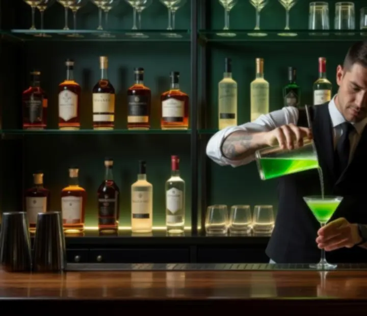 Szmaragdowo oświetlony bar koktajlowy z autorskimi drinkami